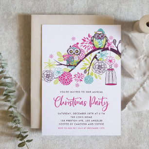 Pink and Purple Cute Festive Owls Christmas Party Invitation