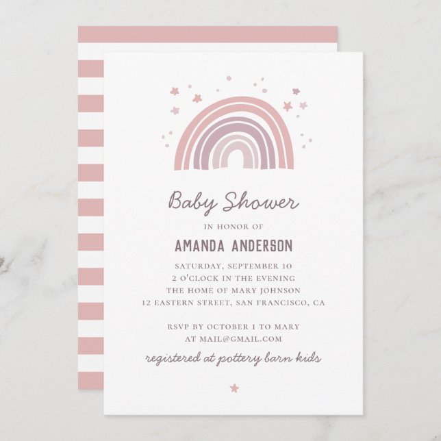 Pink and purple cute pastel rainbow baby shower invitation (Front/Back)