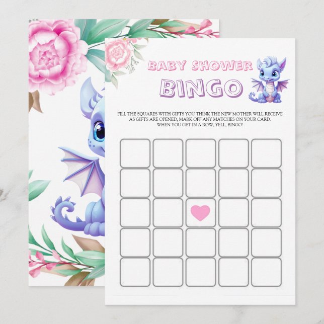 Pink and Purple Dinosaur Peony Baby Shower Bingo (Front/Back)