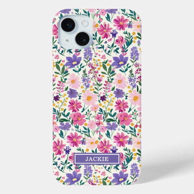 Pink and Purple Ditsy Flowers Monogrammed Case-Mate iPhone Case (Back)