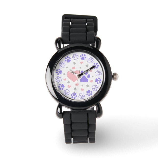 Pink and Purple Dog Cat Pet Lovers Hearts and Star Watch (Front)