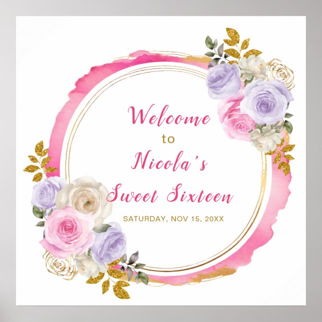 Pink and Purple Elegant Flower Sweet Sixteen  Poster (Front)