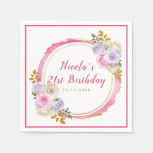 Pink and Purple Elegant Flowers Birthday Napkin