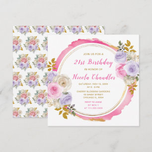 Pink and Purple Elegant Flowers Birthday Party Invitation