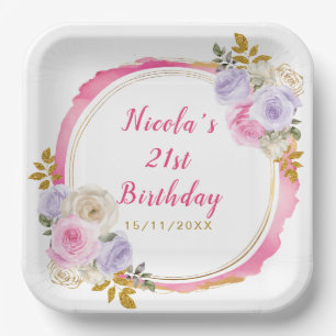 Pink and Purple Elegant Flowers Birthday Party Paper Plate