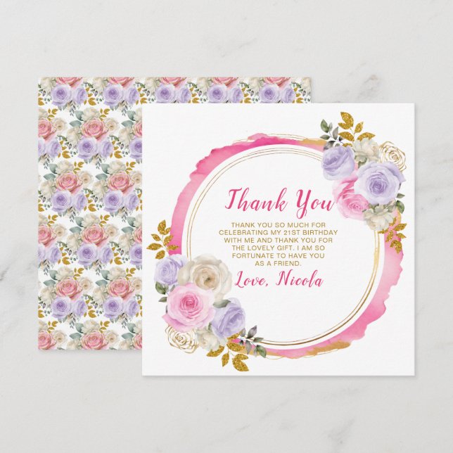 Pink and Purple Elegant Flowers Birthday  Thank You Card (Front/Back)