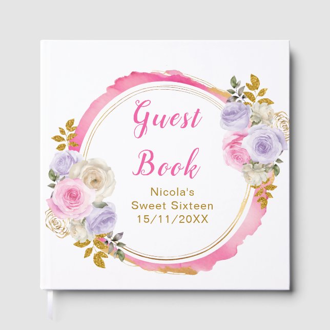 Pink and Purple Elegant Flowers Sweet Sixteen Guest Book (Front)