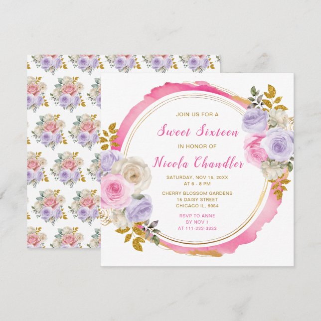 Pink and Purple Elegant Flowers Sweet Sixteen Invitation (Front/Back)