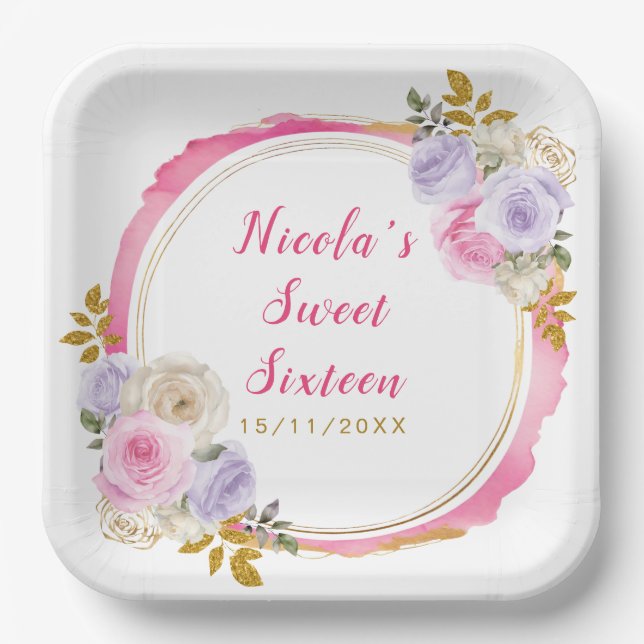 Pink and Purple Elegant Flowers Sweet Sixteen Paper Plate (Front)