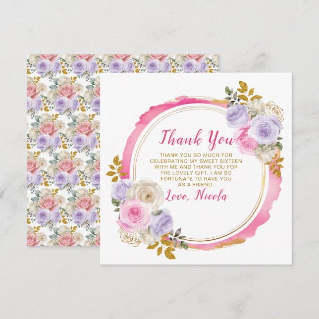 Pink and Purple Elegant Flowers Sweet Sixteen Thank You Card (Front/Back)