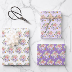 Pink and Purple Elegant Flowers Wrapping Paper Sheet