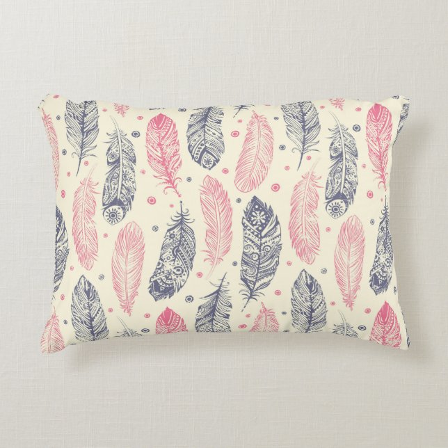 Pink And Purple Ethnic Feather Pattern Decorative Cushion (Front)