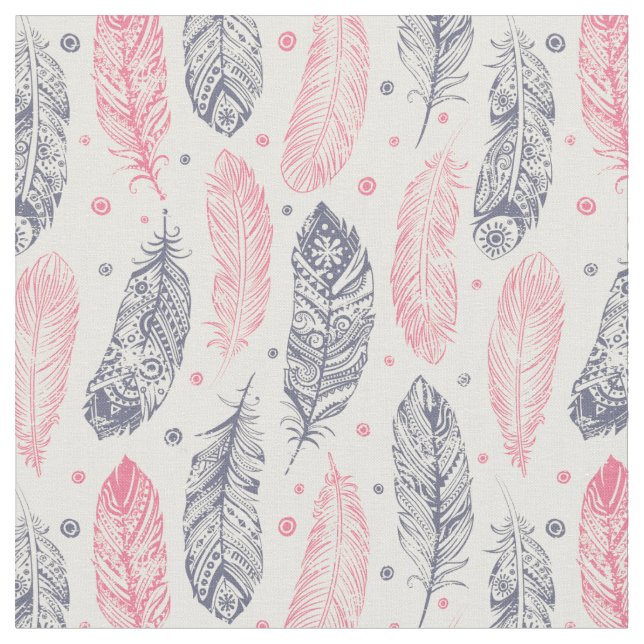 Pink And Purple Ethnic Feather Pattern Fabric (Close Up)