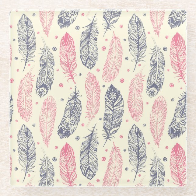 Pink And Purple Ethnic Feather Pattern Glass Coaster (Front)