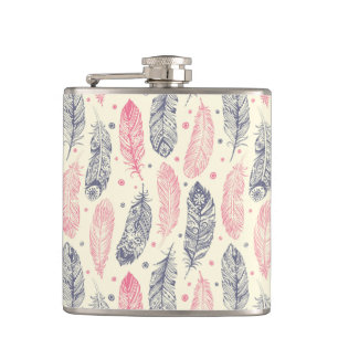 Pink And Purple Ethnic Feather Pattern Hip Flask