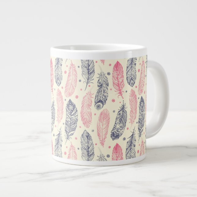 Pink And Purple Ethnic Feather Pattern Large Coffee Mug (Front Right)