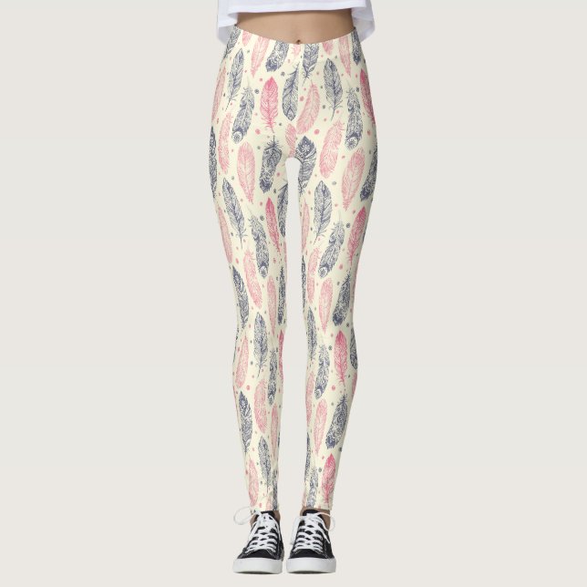 Pink And Purple Ethnic Feather Pattern Leggings (Front)