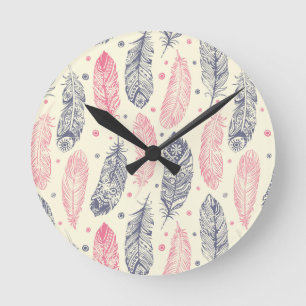 Pink And Purple Ethnic Feather Pattern Round Clock