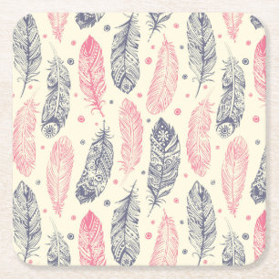 Pink And Purple Ethnic Feather Pattern Square Paper Coaster