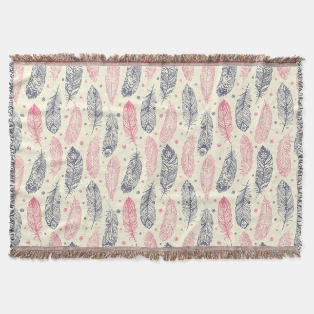 Pink And Purple Ethnic Feather Pattern Throw Blanket (Front)