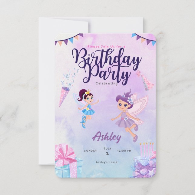 Pink and Purple fairies Kids Birthday Customise  Save The Date (Front)