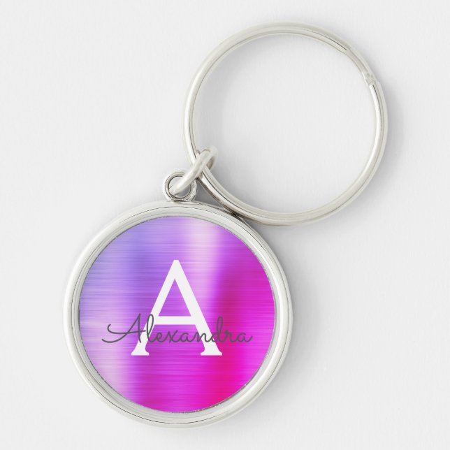 Pink and Purple Faux Stainless Steel Monogram Key Ring (Front)