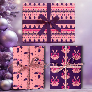 Pink and Purple Festive Holiday Cheer Wrapping Paper Sheet