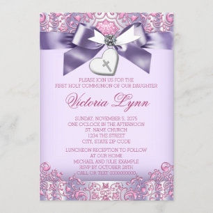 Pink and Purple First Communion Invitation