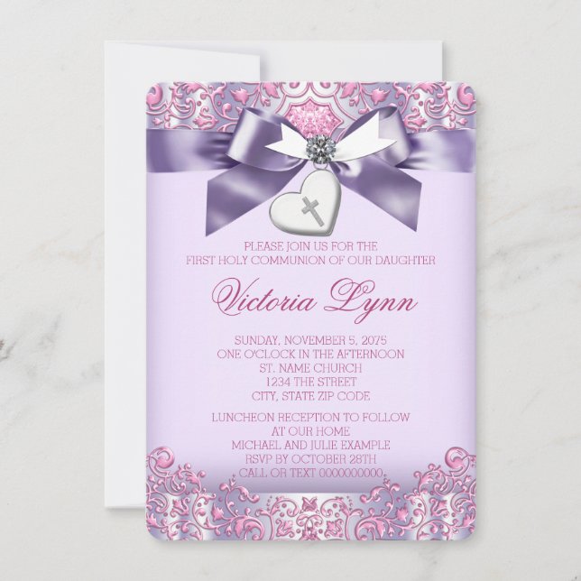 Pink and Purple First Communion Invitation (Front)