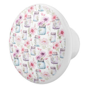 Pink and Purple Floral and Mason Jars  Ceramic Knob