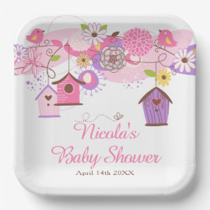 Pink and Purple Floral Bird Cages Baby Shower Paper Plate