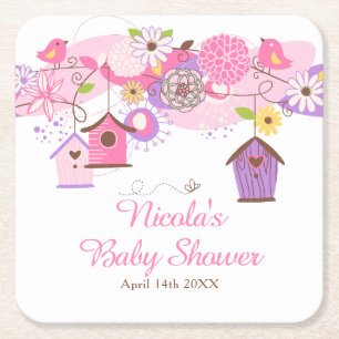 Pink and Purple Floral Bird Cages Baby Shower Square Paper Coaster