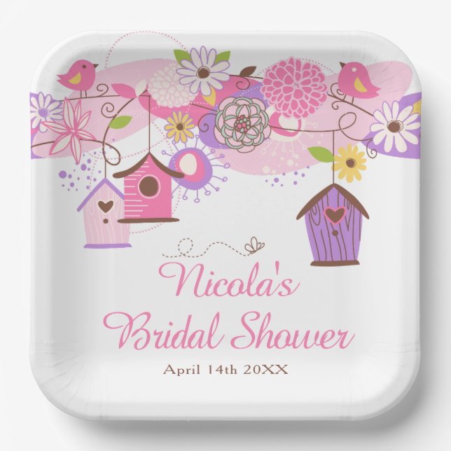 Pink and Purple Floral Bird Cages Bridal Shower Paper Plate (Front)