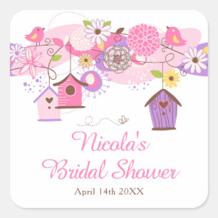 Pink and Purple Floral Bird Cages Bridal Shower Square Sticker