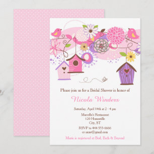 Pink and Purple Floral Bird Houses Bridal Shower Invitation