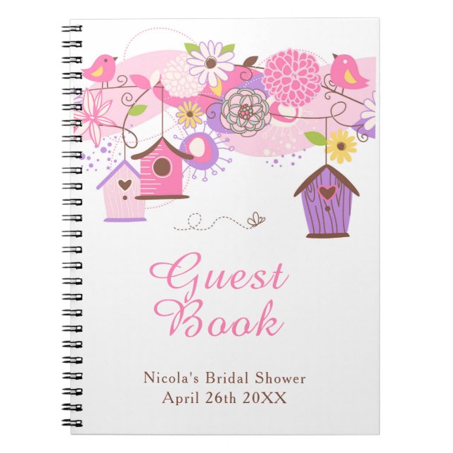 Pink and Purple Floral Bird Houses Bridal Shower Notebook (Front)