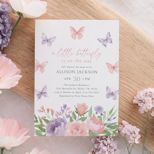 Pink and Purple Floral Butterfly Baby Shower Invitation (Creator Uploaded)