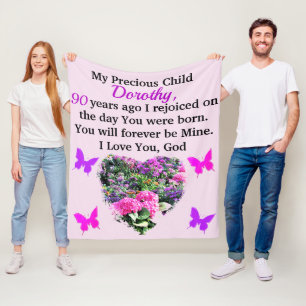 PINK AND PURPLE FLORAL CUSTOM 90TH BIRTHDAY FLEECE BLANKET