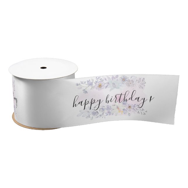 Pink and Purple Floral Design Happy Birthday Satin Ribbon (Spool)