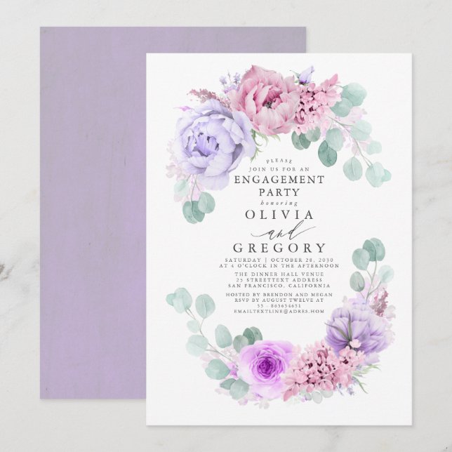 Pink and Purple Floral Elegant Engagement Party Invitation (Front/Back)