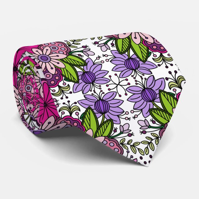 Pink and Purple Floral Flower Garden Folk Art On W Tie (Rolled)
