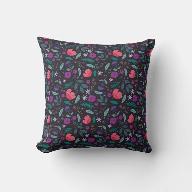Pink and Purple Floral Illustration Pattern Cushion (Front)