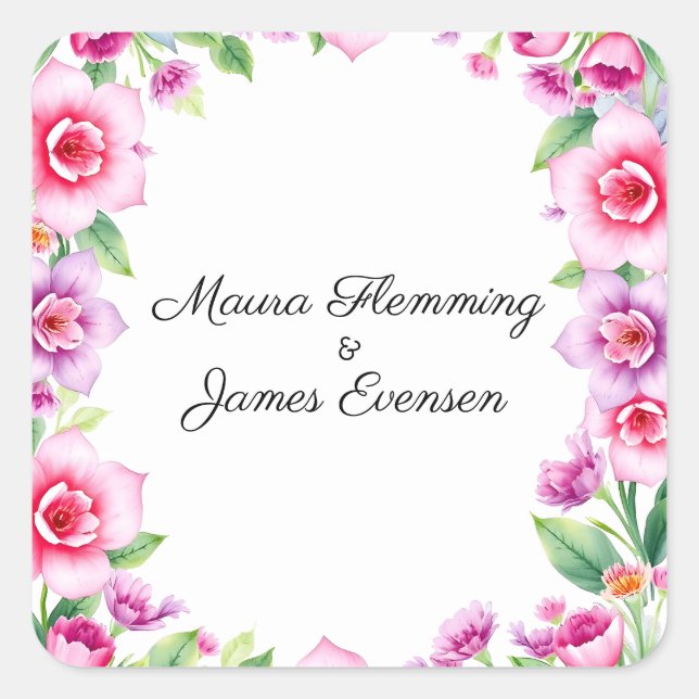 Pink and Purple Floral Invitation Square Sticker (Front)