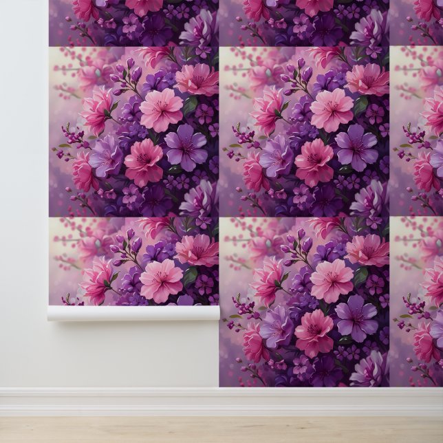 Pink and Purple Floral Peel and Stick Removable Wallpaper (Application)