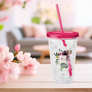 Pink and purple floral personalised  acrylic tumbler