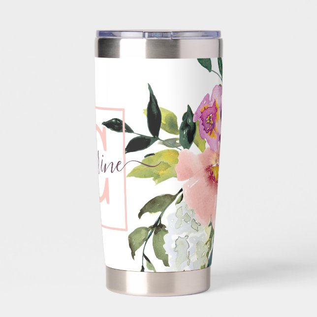 Pink and purple floral personalised  insulated tumbler (Back)
