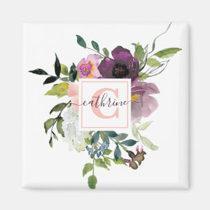 Pink and purple floral personalised magnet