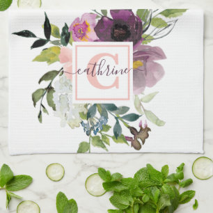 Pink and purple floral personalised tea towel