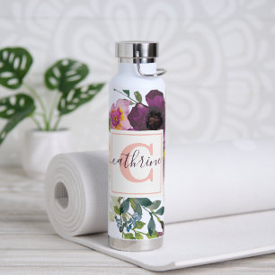 Pink and purple floral personalised water bottle