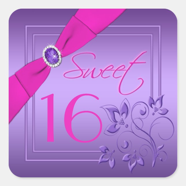 Pink and Purple Floral  Sweet 16 Square Sticker (Front)